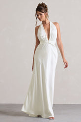 Ivory Satin Plunge Maxi Dress With Dipped Hem